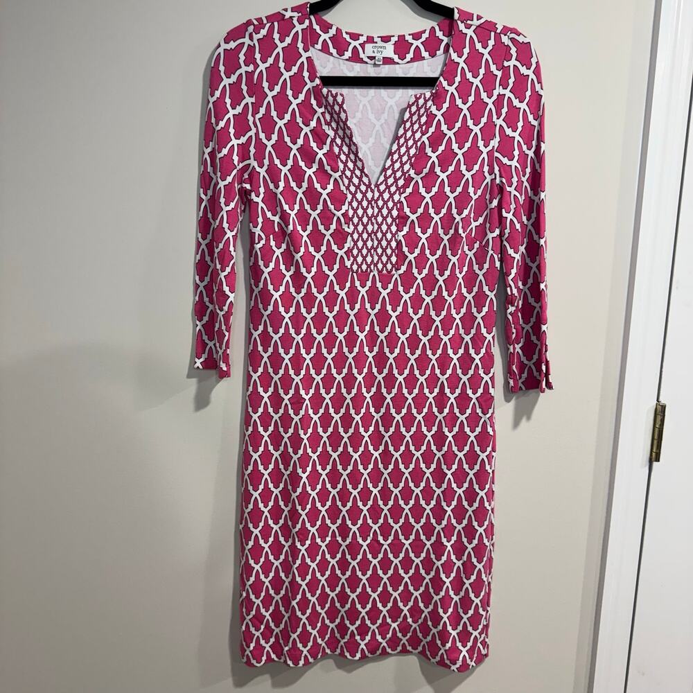 Crown & Ivy Womens Pink White Patterned 3/4 Sleeve V Neck T-Shirt Dress Size XS